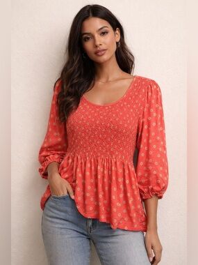 croft & barrow Coral Floral Smocked Peplum Blouse